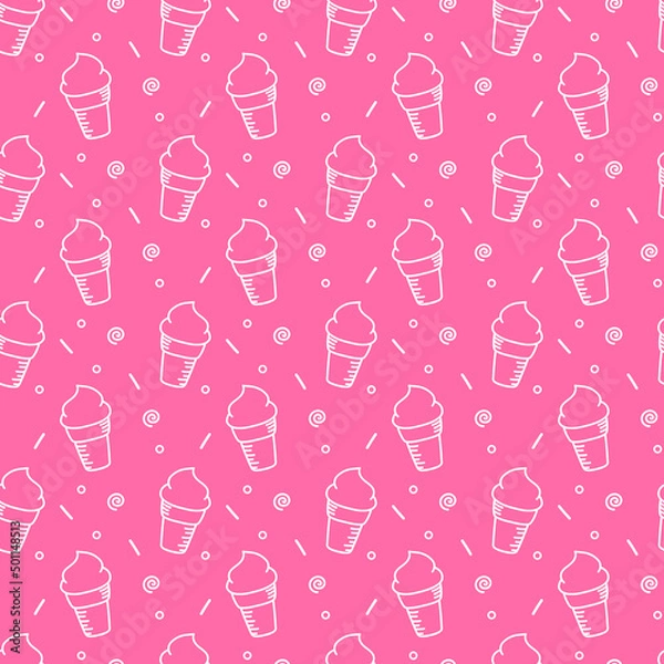 Fototapeta Doodle cute ice cream vector seamless pattern, cute ice cream on pink background