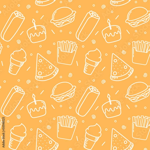 Fototapeta Doodle fast food vector seamless pattern: burger, french fries, ice cream, pizza, burrito, cake on orange background