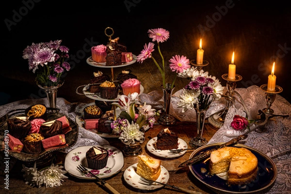 Obraz Cake Heaven - an array of sweet treats, presented on vintage and antique tableware.