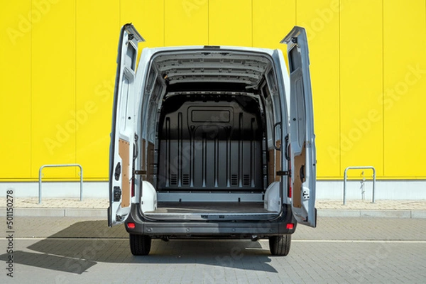 Fototapeta Empty van with open doors in front of a yellow wall
