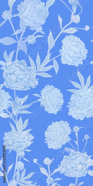 Fototapeta seamless pattern with delicate light airy blue lush peonies. Loved by all flowers of peonies in a new reading in heavenly gentle pastel tones. Beautiful elegant design for fabric