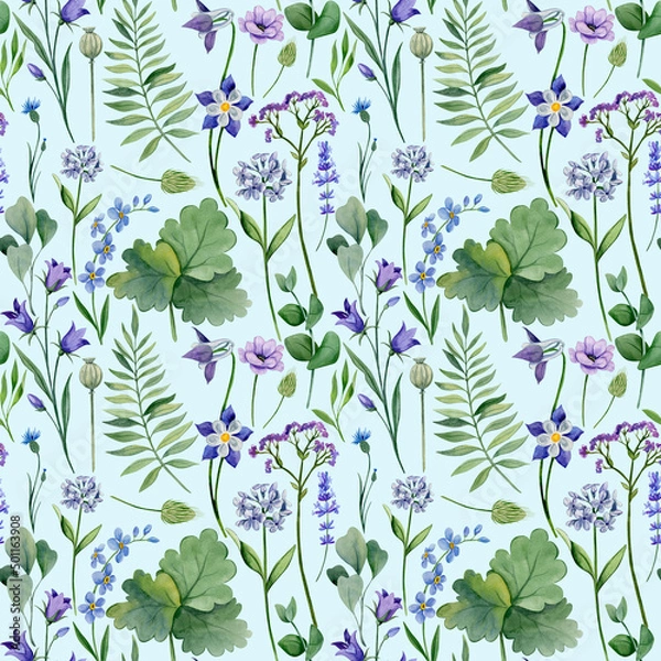 Fototapeta Meadow flower and leaves  seamless pattern