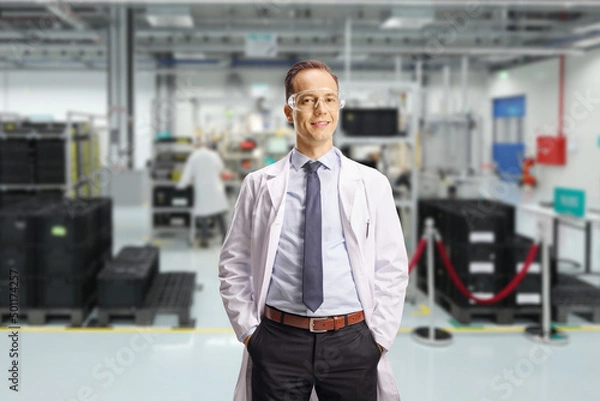Fototapeta Male laboratory worker with protective goggles in a factory