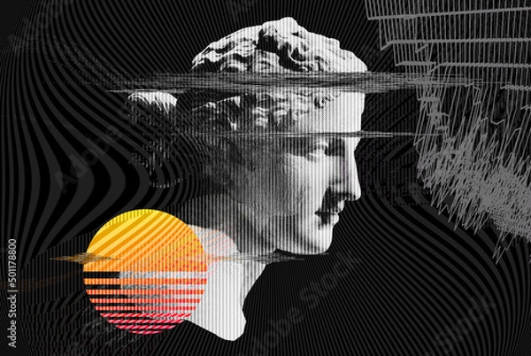 Obraz 3d portrait of a venera with glitch effect. Cyberpunk style. Conceptual image of artificial intelligence.Virtual reality. Deep Learning and Face recognition systems. 
