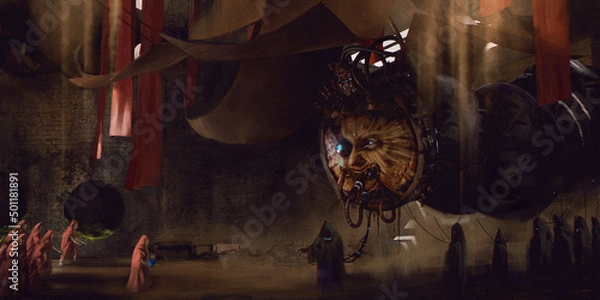 Fototapeta Digital 3d illustration of a mysterious animatronic figure facing a group of people wearing desert clothes - digital fantasy painting
