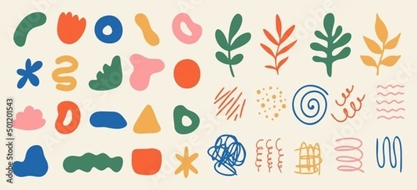 Obraz Zestaw różnych abstrakcyjnych kształtów, doodłów i roślin. Ręcznie narysowane doodle. Nowoczesna współczesna ilustracja mody. Płaska konstrukcja, ręcznie rysowana kreskówka, wektor.