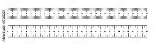 Obraz Set of ruler scale 30 cm. Centimeter, millimeter, inch and metric rulers. Marking for ruler, measure on scale of centimeter, millimeter and inches, marks for tape measure. Vector illustration