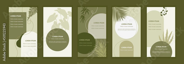 Obraz Set of natural style templates for banners, flyers, stories, brochures, web and social media posts. Organic design. Foliage, plants abstract shapes. Vector flat illustrations. EPS 10. Organic cosmetic