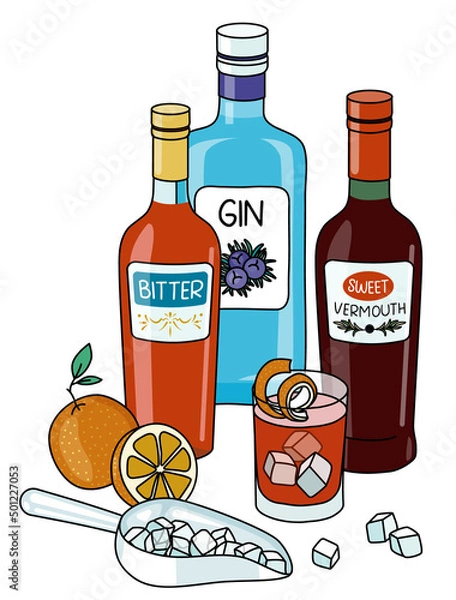 Fototapeta Stylish hand-drawn doodle cartoon style Negroni cocktail composition. A bottle of gin, Italian orange bitter, red sweet vermouth and orange. Goof for bar menu, cook book recipe, stickers or cards.