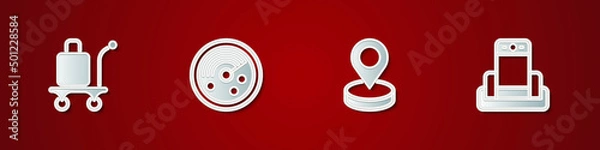 Fototapeta Set Trolley baggage, Radar with targets on monitor, Location and Metal detector in airport icon. Vector