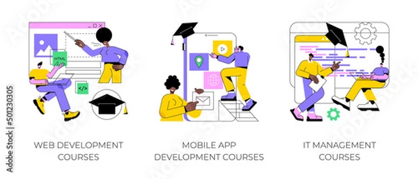 Obraz Information technology career abstract concept vector illustration set. Web development courses, mobile app development and IT management classes, junior frontend, online coding abstract metaphor.