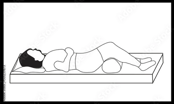 Fototapeta A schematically drawn woman lying in the correct sleeping position with a roller under her knees, on a mattress.