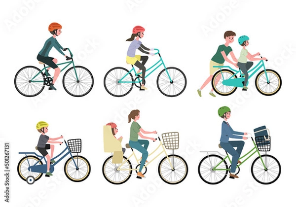 Obraz ヘルメットをつけて自転車をこぐ人々のイラストセット