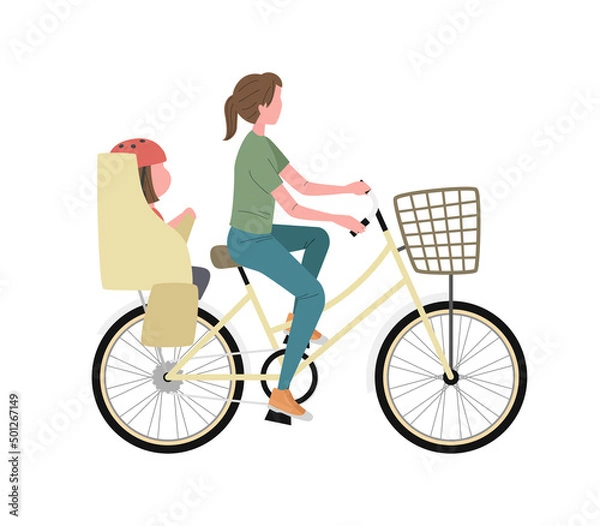 Obraz 子供乗せ自転車に乗る女性と女の子のイラスト