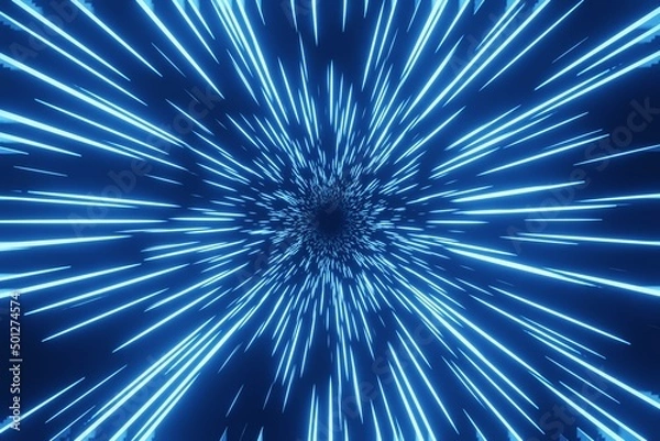 Fototapeta Abstract futuristic Speed lights tunnel, time warp, traveling in space, background 3D rendering