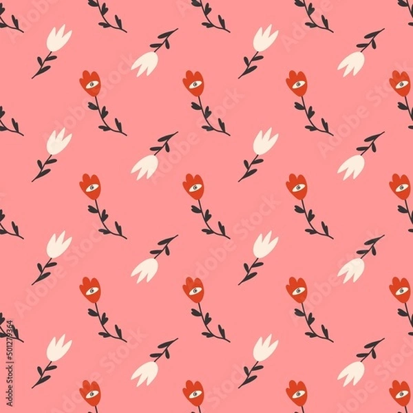 Fototapeta Cute floral pattern in a small flower. Seamless vector texture. Elegant template for fashion prints. Pink background. Flat design, hand drawn cartoon, vector.