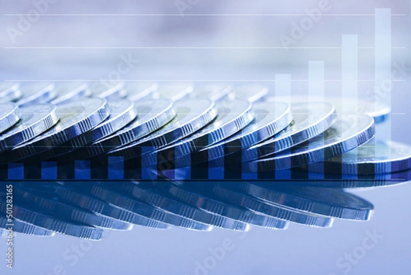 Fototapeta Double exposure Rows of coins of graph on the table,finance and business concept, in blue tone...