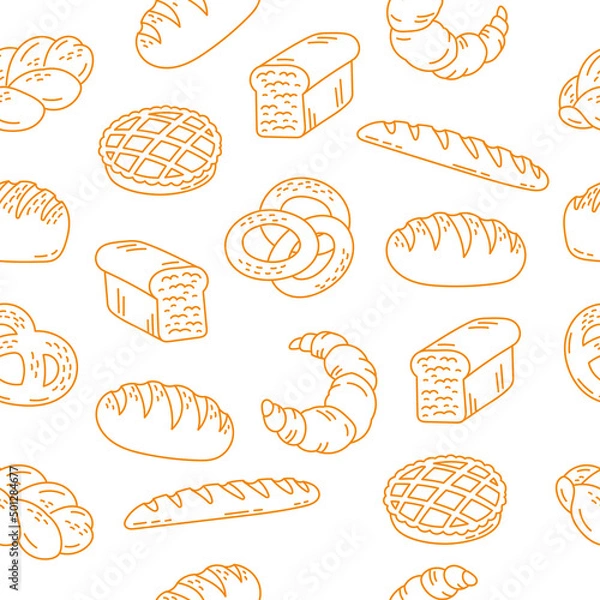 Fototapeta Bread bakery seamless pattern background. Vector line illustration.