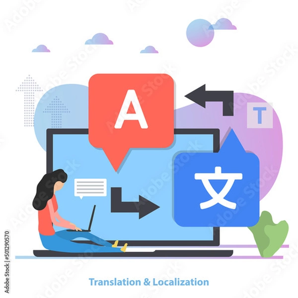 Obraz Translation online service vector concept. Woman with laptop translate a text flat illustration.