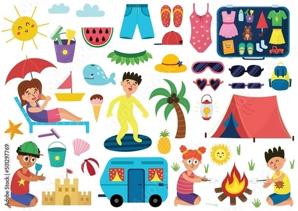 Fototapeta Set of cute summer elements with kids, palm, whale, camping, beach toys and sunglasses. Hello summer collection in cartoon style. Children enjoying their vacations. Vector illustration