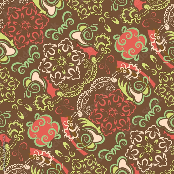 Fototapeta Abstract seamless ethnic pattern with ornament from doodle curls of different colors on brown terracotta backdrop for textile design. Vector
