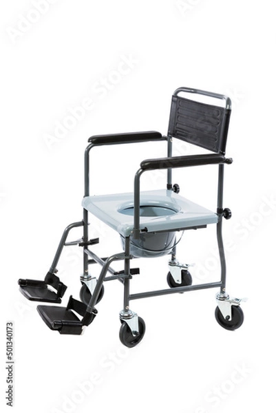 Fototapeta Commode toilet chair with wheels isolated on white. Upholstered seat and cap of pot removed
