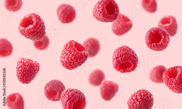Obraz Various falling fresh ripe raspberries on light pink background