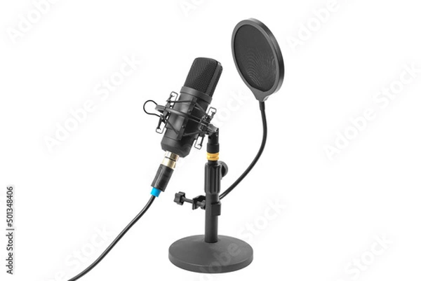 Fototapeta Close-up of a professional microphone with a pop filter in front of it. Desktop microphone for recording podcasts, songs and streaming on a stand against a light background
