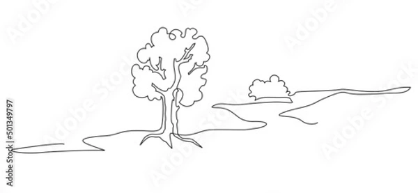 Fototapeta Landscape park with path and trees. Continuous line drawing illustration.