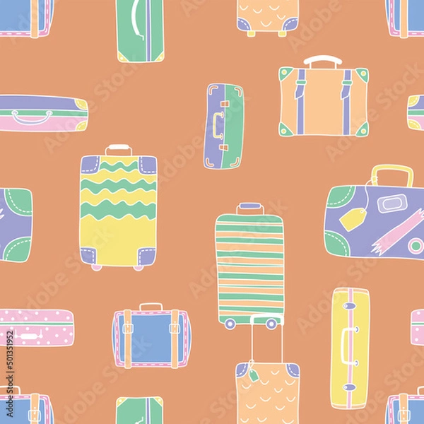 Obraz Seamless pattern with suitcases. Hand-drawn flat vector illustration. The concept of travel.