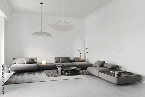 Fototapeta 3d rendering of modern white living room with grey sofa and marble and chrome table, carpets on concrete floor, wall with big mirror, lamp and decor bas-relief
