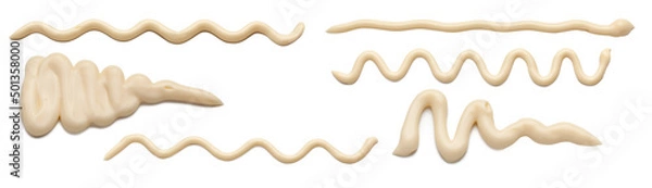 Obraz Mayonnaise sauce in the form of lines. Collection of wavy lines of mayonnaise sauce isolated on white background.