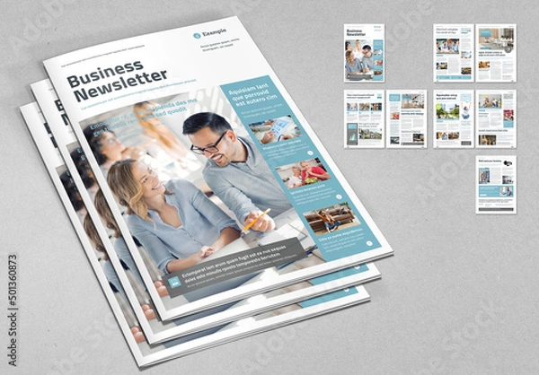 Fototapeta Business Newsletter Layout with Pale Blue and Gray Elements