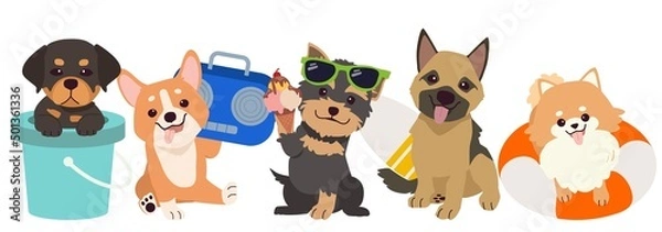 Obraz The collection of cute dog and friends with summer theme in flat vector style. illustration animal and pet for graphic.