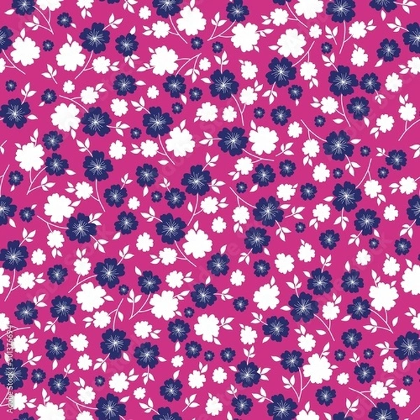 Fototapeta Seamless vintage pattern. blue and white flowers, leaves. Pink background. vector texture. fashionable print for textiles, wallpaper and packaging.