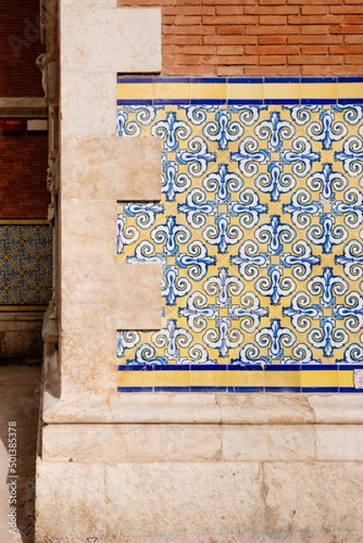 Obraz Tiled facade with geometric elements in the Central Market of Valencia, Spain.