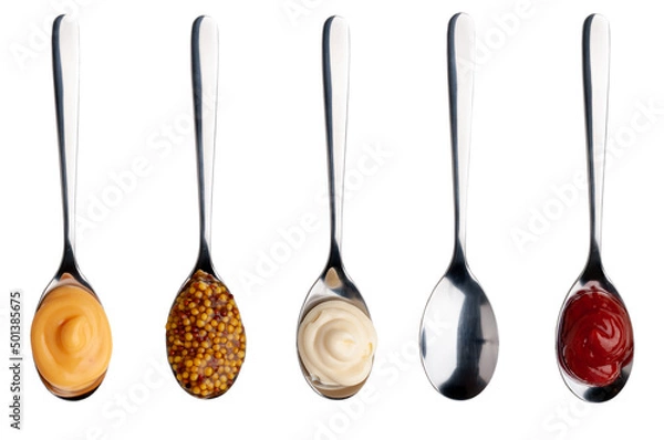 Fototapeta Sauce in a spoon. Mustard, mayonnaise, ketchup, chili sauce in spoon and empty spoon isolated on white background.
