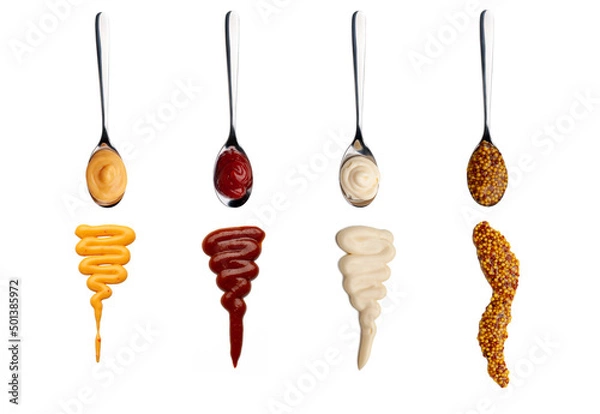 Fototapeta Mustard, mayonnaise, ketchup, chili sauce in a spoon. Sauce in spoon and sauce line isolated on white background.