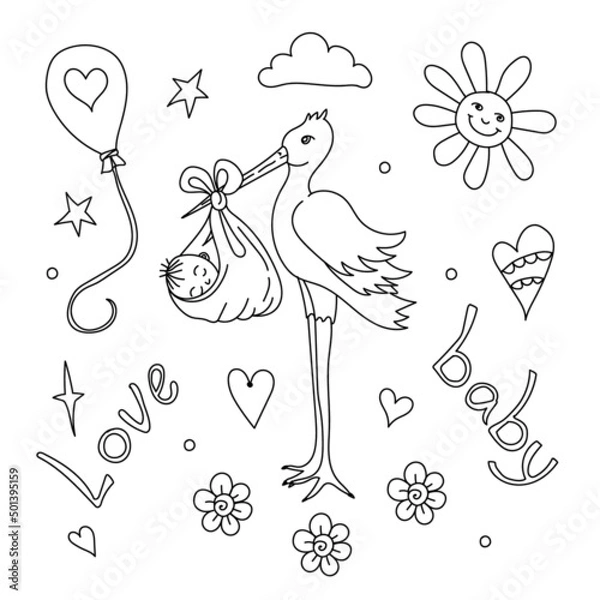 Fototapeta Set with items for babies. Stork with a newborn, lettering, balloon.
