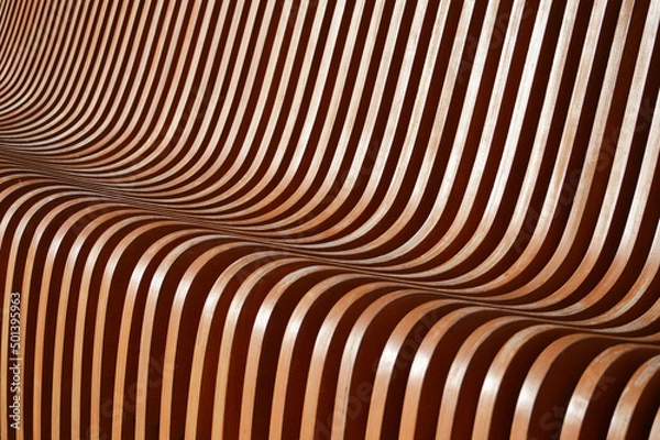 Fototapeta Curved wooden slats. Beautiful gradient from brown to green. Abstract background.