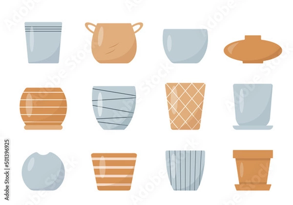 Fototapeta Set of flower pots and vases isolated on white background. House plant pot for homeplants and interior design. Flat vector illustration.