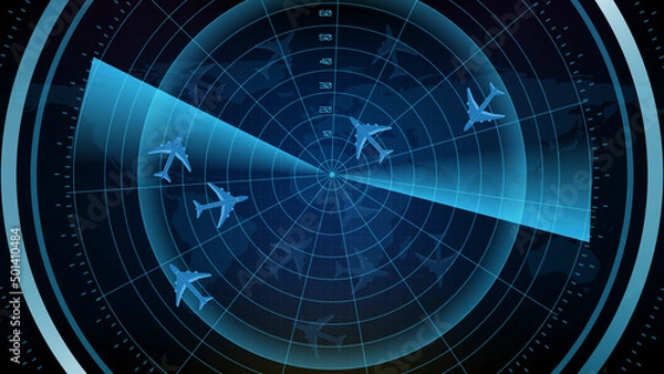Fototapeta abstract background of futuristic technology screen scan flight radar airplane route path with scan interface hud