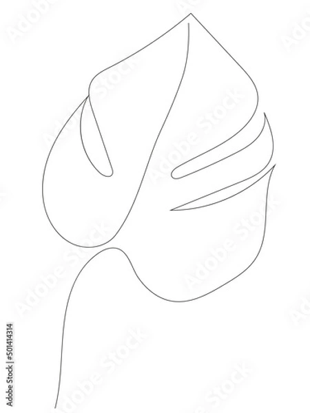 Fototapeta Monstera leaf vector in one line, continuous outline drawing in minimalistic style. Botany, tropical leaf