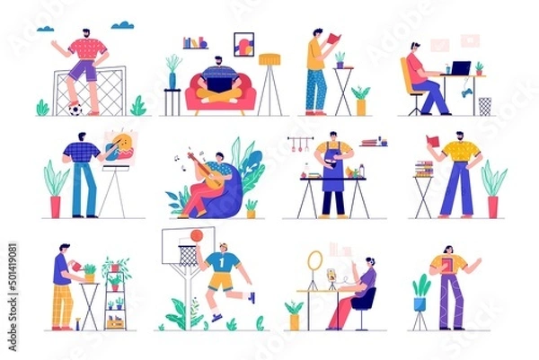 Fototapeta Modern people playing guitar, read book, gardening, gaming, blogging, podcasting . Set of man and woman enjoying their hobbies, work, leisure. Vector illustration in flat cartoon style.
