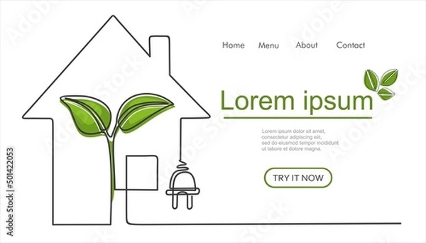 Fototapeta House with plug and lightbulb like a plant in one line drawing. Save energy concept in minimalistic style. Can used for logo, emblem, slide show and banner. Vector illustration