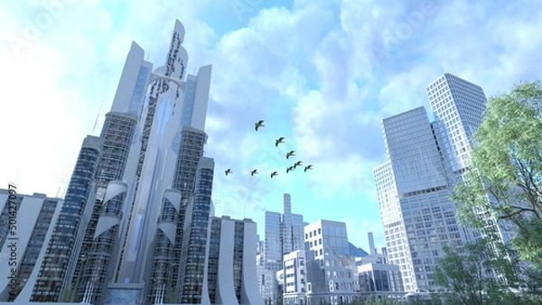 Fototapeta モダンな高層ビルと渡り鳥