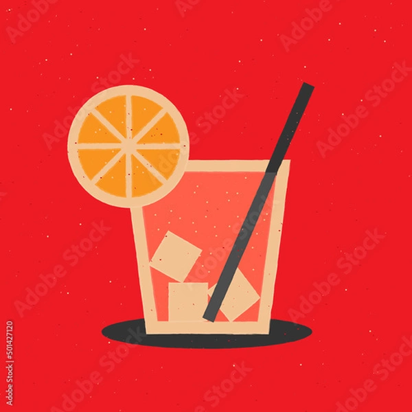 Fototapeta Cocktail in old fashioned glass with cubes ice and orange slice. Alcoholic Beverage with citrus peel. Italian aperitif on rocks. Vector illustration in flat cartoon retro style.