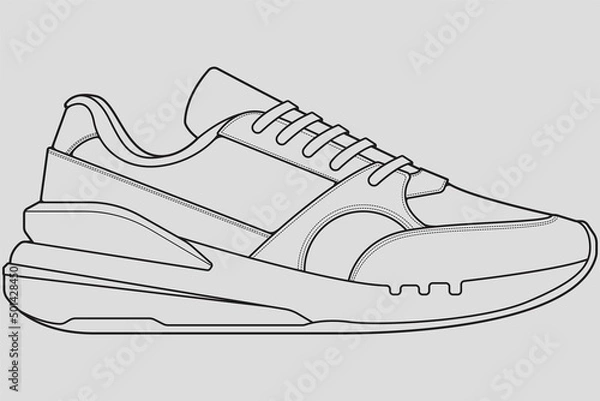 Fototapeta Shoes sneaker outline drawing vector, Sneakers drawn in a sketch style, black line sneaker trainers template outline, vector Illustration.
