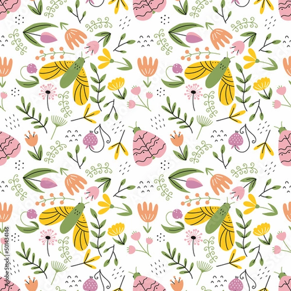 Fototapeta Seamless pattern with butterfly and flower. Spring delicate floral background. Wallpaper for print on fabric and packaging paper. Cyclic element. Summer textiles.