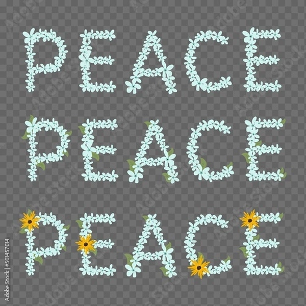 Fototapeta Set of vector inscriptions peace with flowers and leaves on a transparent background